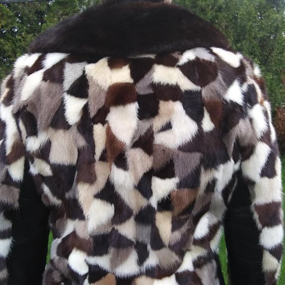 RARE Vintage 70's MINK Patchwork Leather Belted Jacket fits size S to M (6 to 8) - Picture 2 of 5